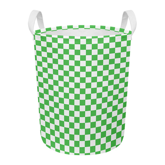 White And Green Checkered Print Round Laundry Basket