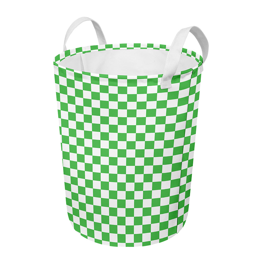 White And Green Checkered Print Round Laundry Basket