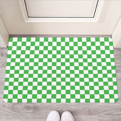 White And Green Checkered Print Rubber Doormat