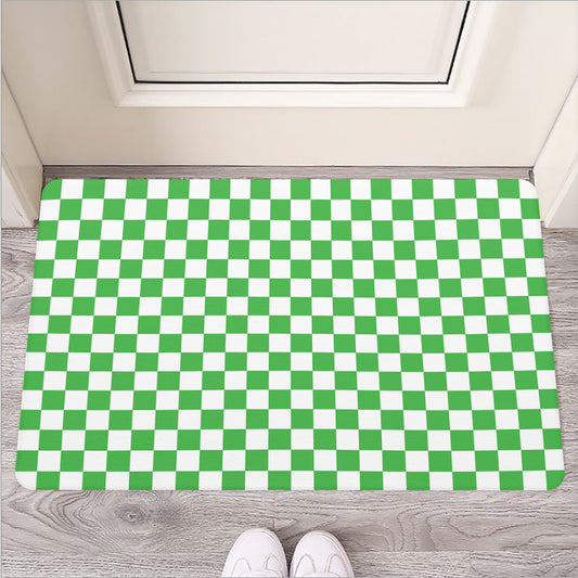 White And Green Checkered Print Rubber Doormat