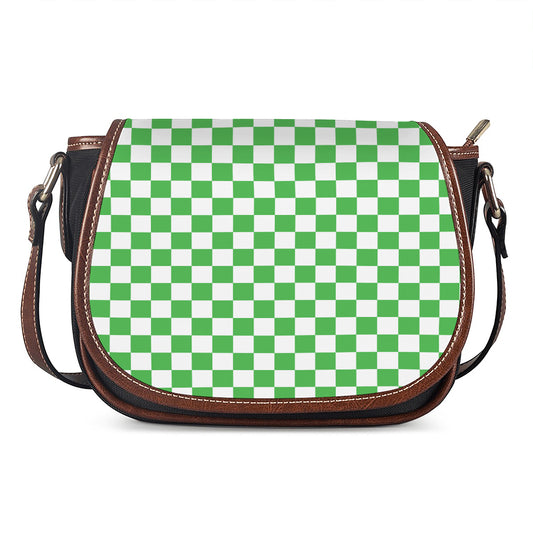 White And Green Checkered Print Saddle Bag
