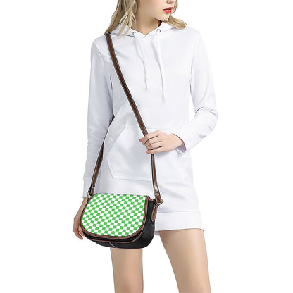 White And Green Checkered Print Saddle Bag