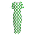 White And Green Checkered Print Short Sleeve Long Nightdress