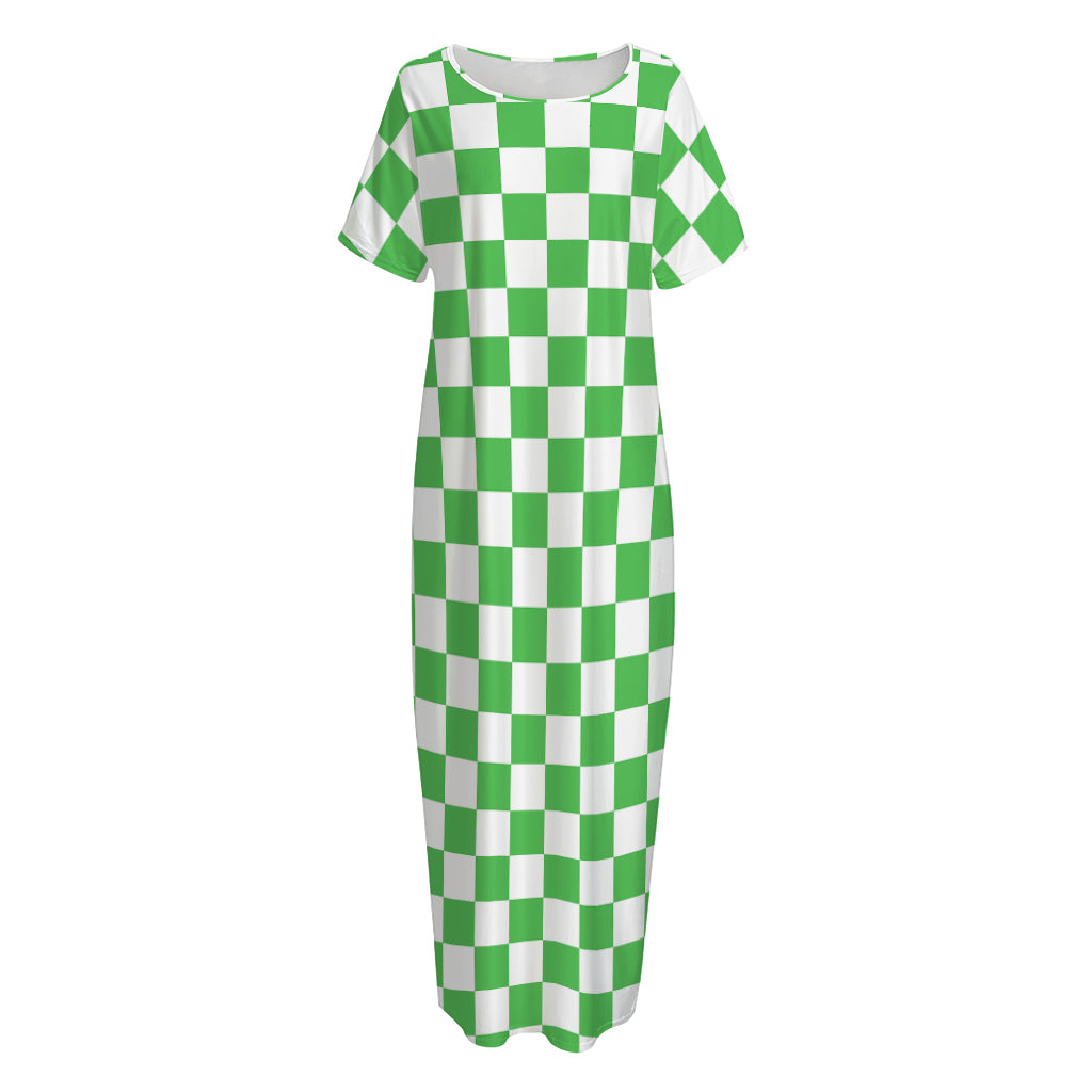 White And Green Checkered Print Short Sleeve Long Nightdress