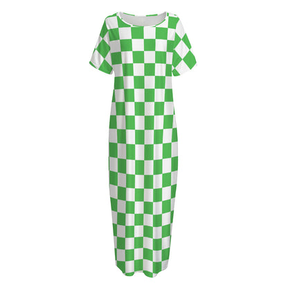 White And Green Checkered Print Short Sleeve Long Nightdress