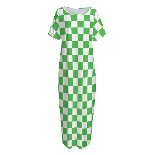 White And Green Checkered Print Short Sleeve Long Nightdress
