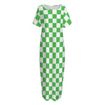 White And Green Checkered Print Short Sleeve Long Nightdress