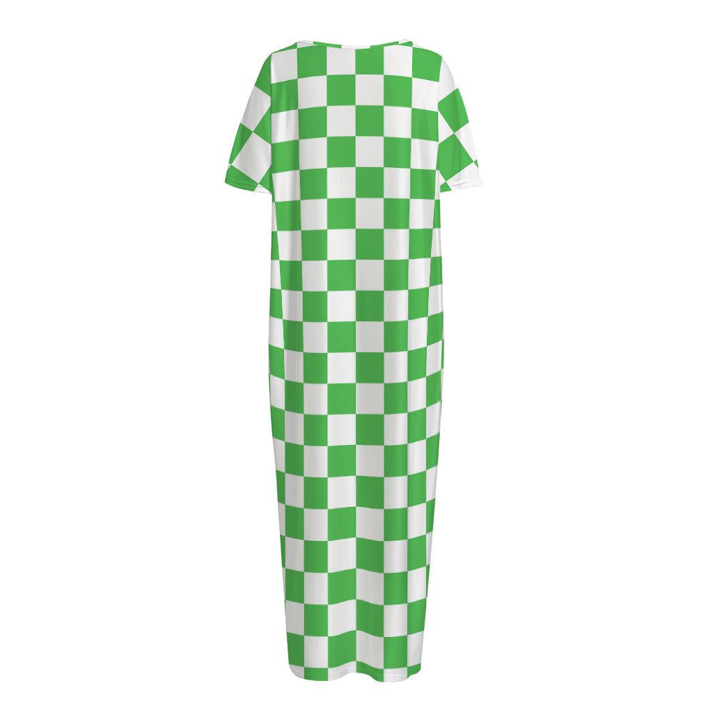 White And Green Checkered Print Short Sleeve Long Nightdress
