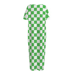 White And Green Checkered Print Short Sleeve Long Nightdress