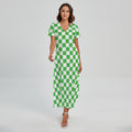 White And Green Checkered Print Short Sleeve Maxi Dress