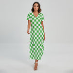 White And Green Checkered Print Short Sleeve Maxi Dress