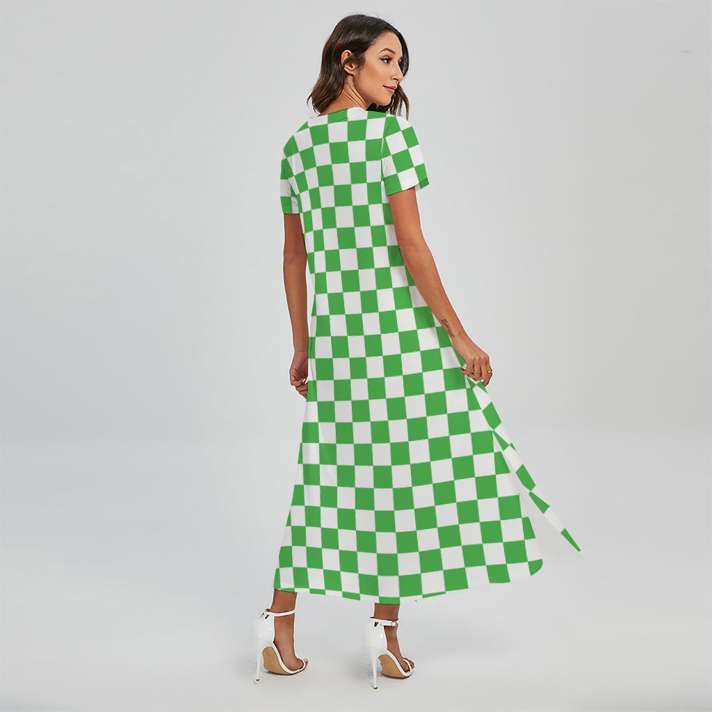 White And Green Checkered Print Short Sleeve Maxi Dress