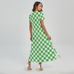 White And Green Checkered Print Short Sleeve Maxi Dress