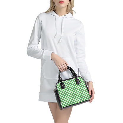 White And Green Checkered Print Shoulder Handbag