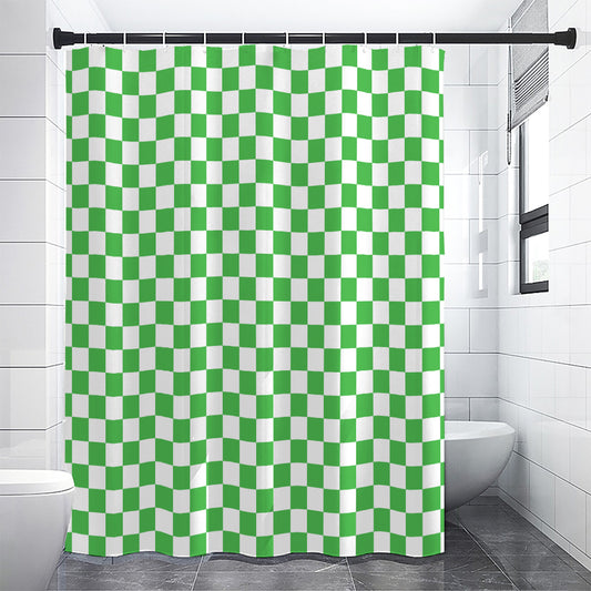 White And Green Checkered Print Shower Curtain