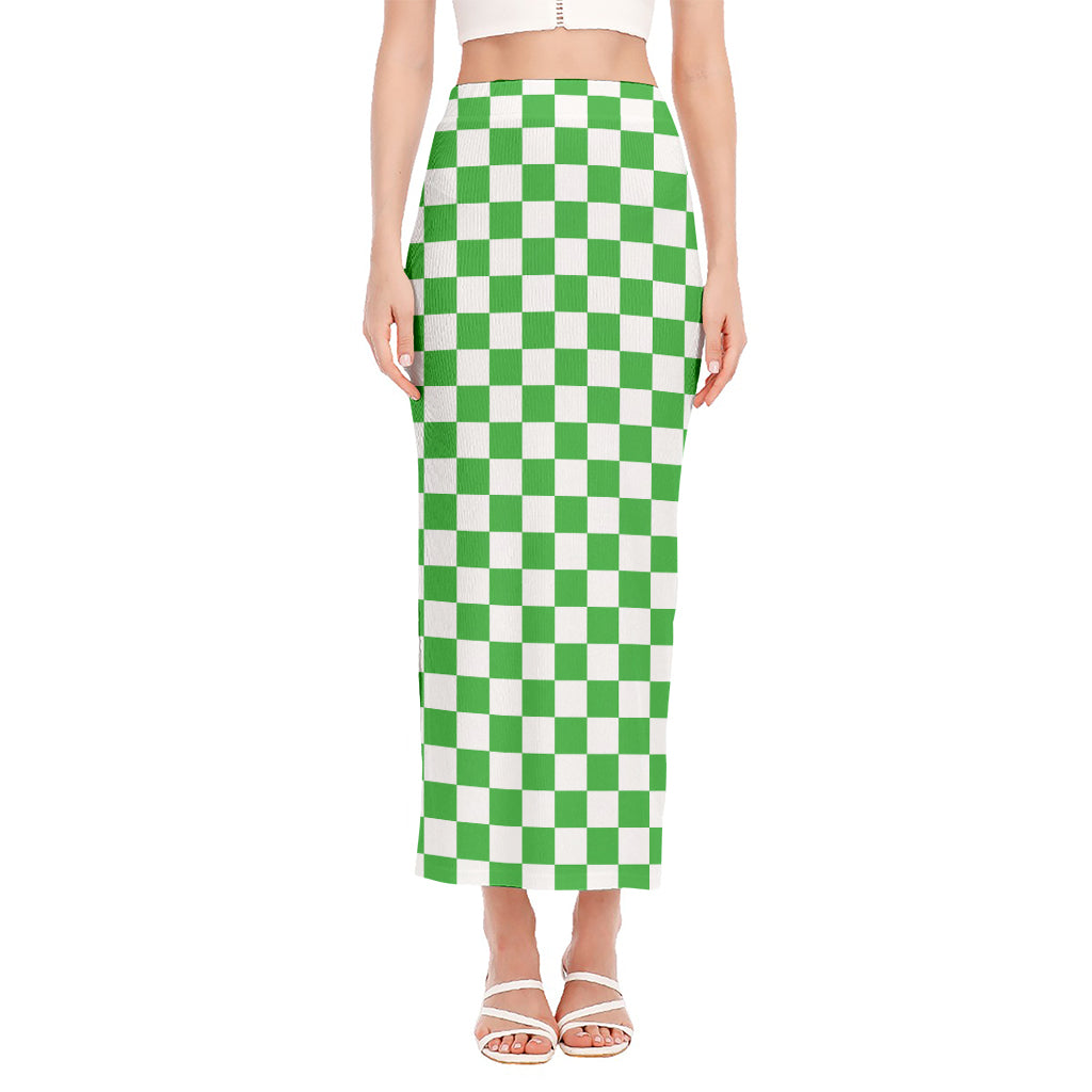 White And Green Checkered Print Side Slit Maxi Skirt
