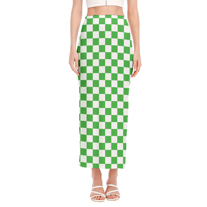 White And Green Checkered Print Side Slit Maxi Skirt
