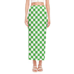 White And Green Checkered Print Side Slit Maxi Skirt