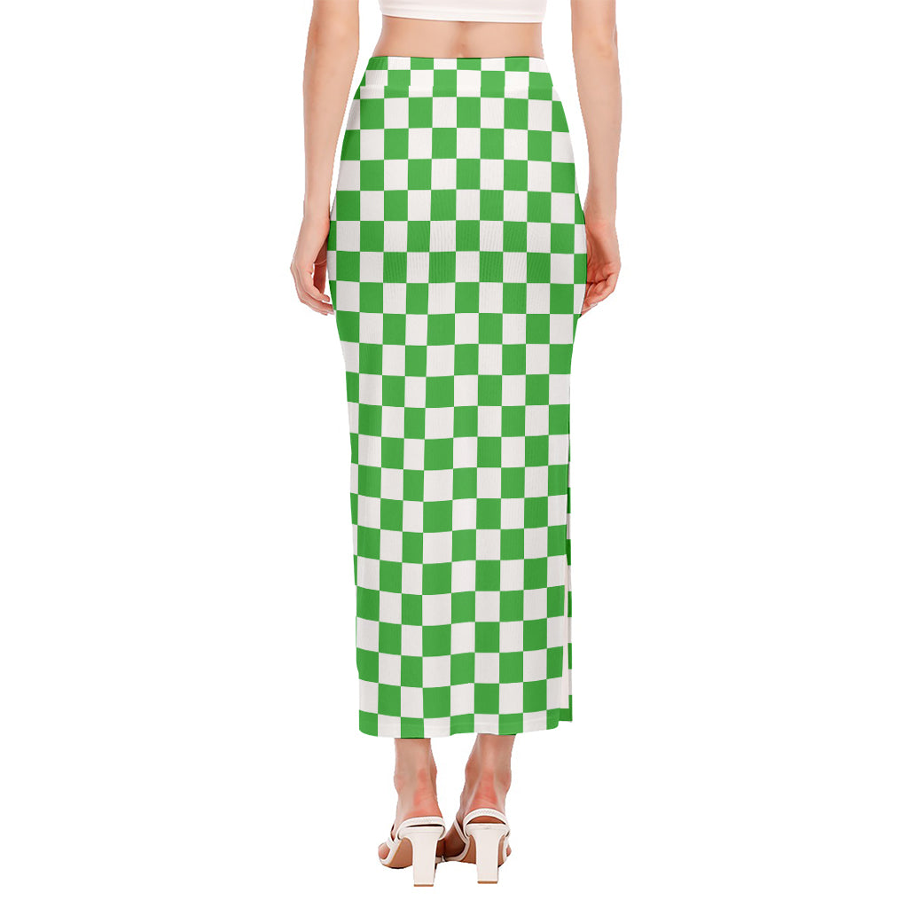 White And Green Checkered Print Side Slit Maxi Skirt