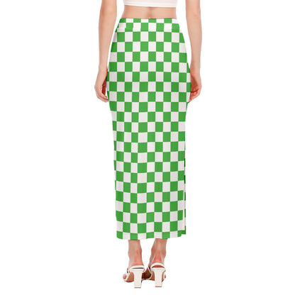 White And Green Checkered Print Side Slit Maxi Skirt