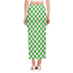 White And Green Checkered Print Side Slit Maxi Skirt