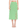 White And Green Checkered Print Side Slit Midi Skirt