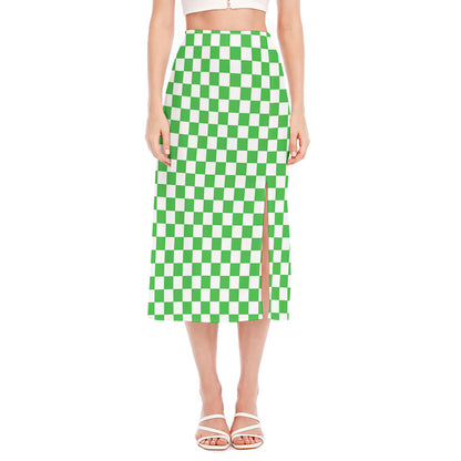 White And Green Checkered Print Side Slit Midi Skirt