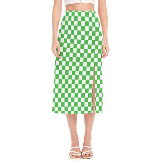 White And Green Checkered Print Side Slit Midi Skirt