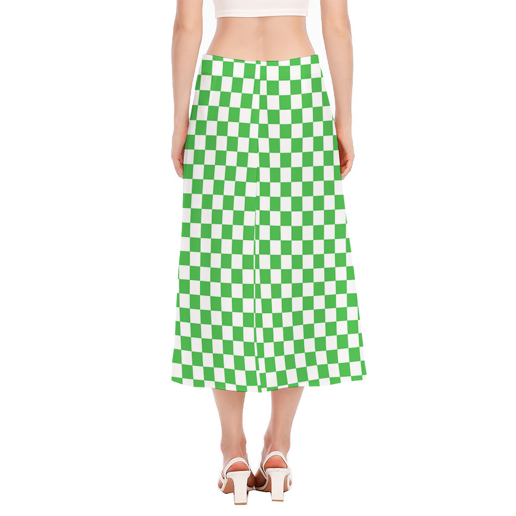 White And Green Checkered Print Side Slit Midi Skirt