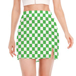 White And Green Checkered Print Side Slit Mini Skirt