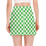 White And Green Checkered Print Side Slit Mini Skirt