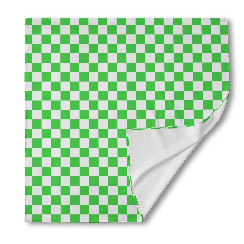 White And Green Checkered Print Silk Bandana