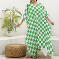 White And Green Checkered Print Silk V-Neck Kaftan Dress