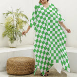 White And Green Checkered Print Silk V-Neck Kaftan Dress