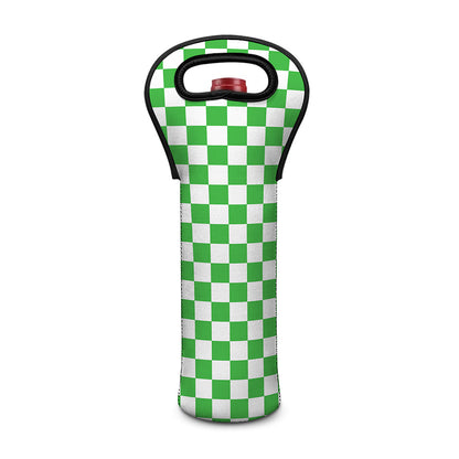 White And Green Checkered Print Single Neoprene Wine Tote