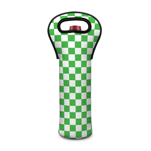 White And Green Checkered Print Single Neoprene Wine Tote