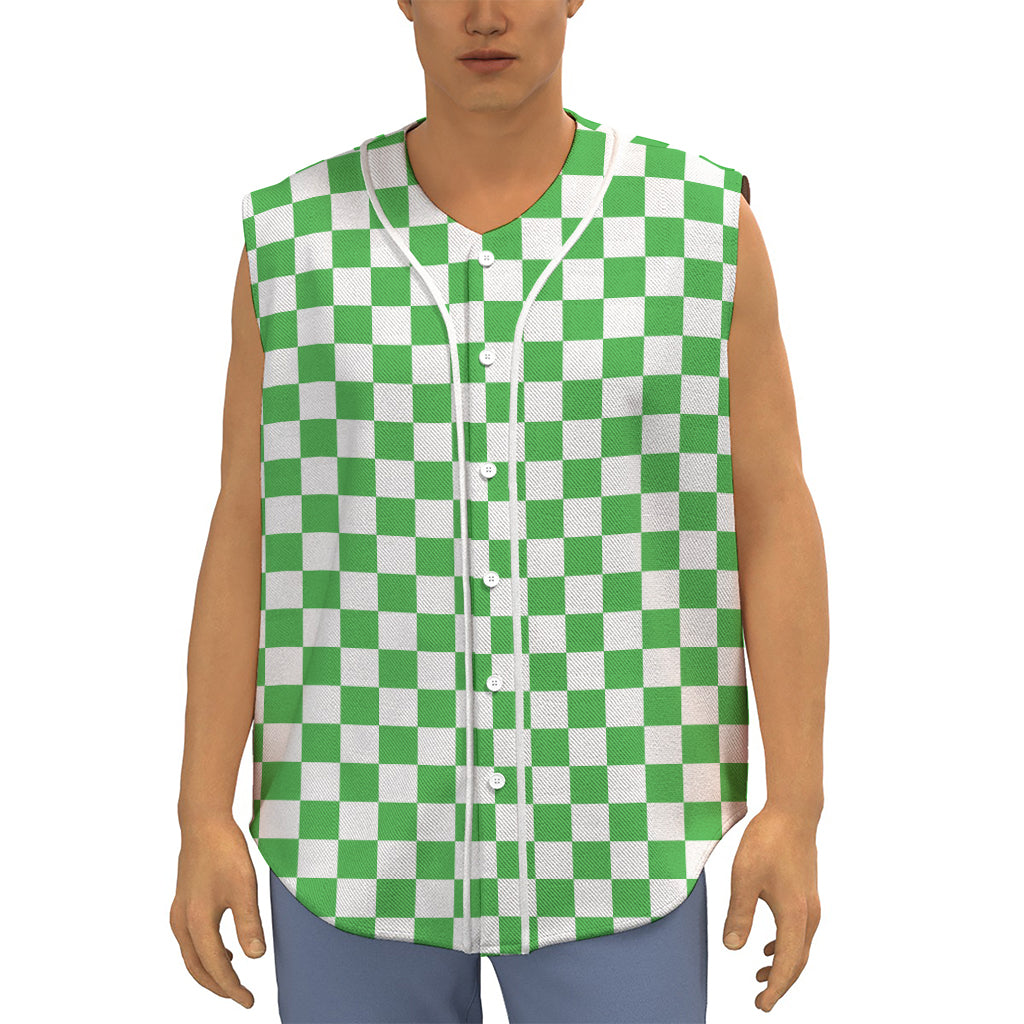 White And Green Checkered Print Sleeveless Baseball Jersey