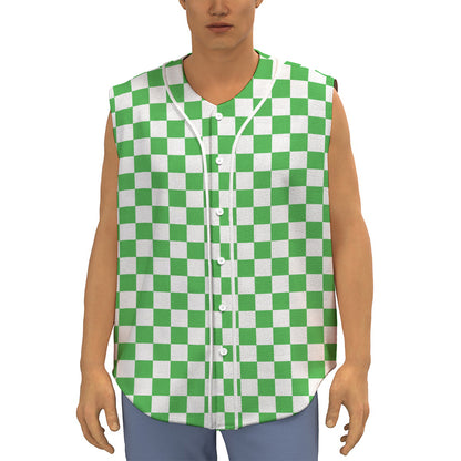 White And Green Checkered Print Sleeveless Baseball Jersey