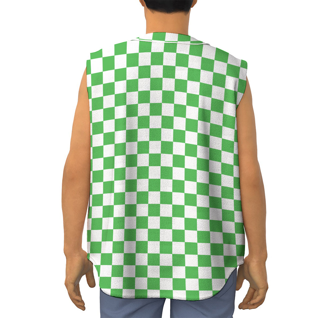 White And Green Checkered Print Sleeveless Baseball Jersey