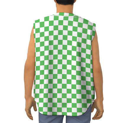 White And Green Checkered Print Sleeveless Baseball Jersey