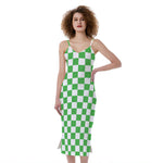 White And Green Checkered Print Slim Fit Midi Cami Dress