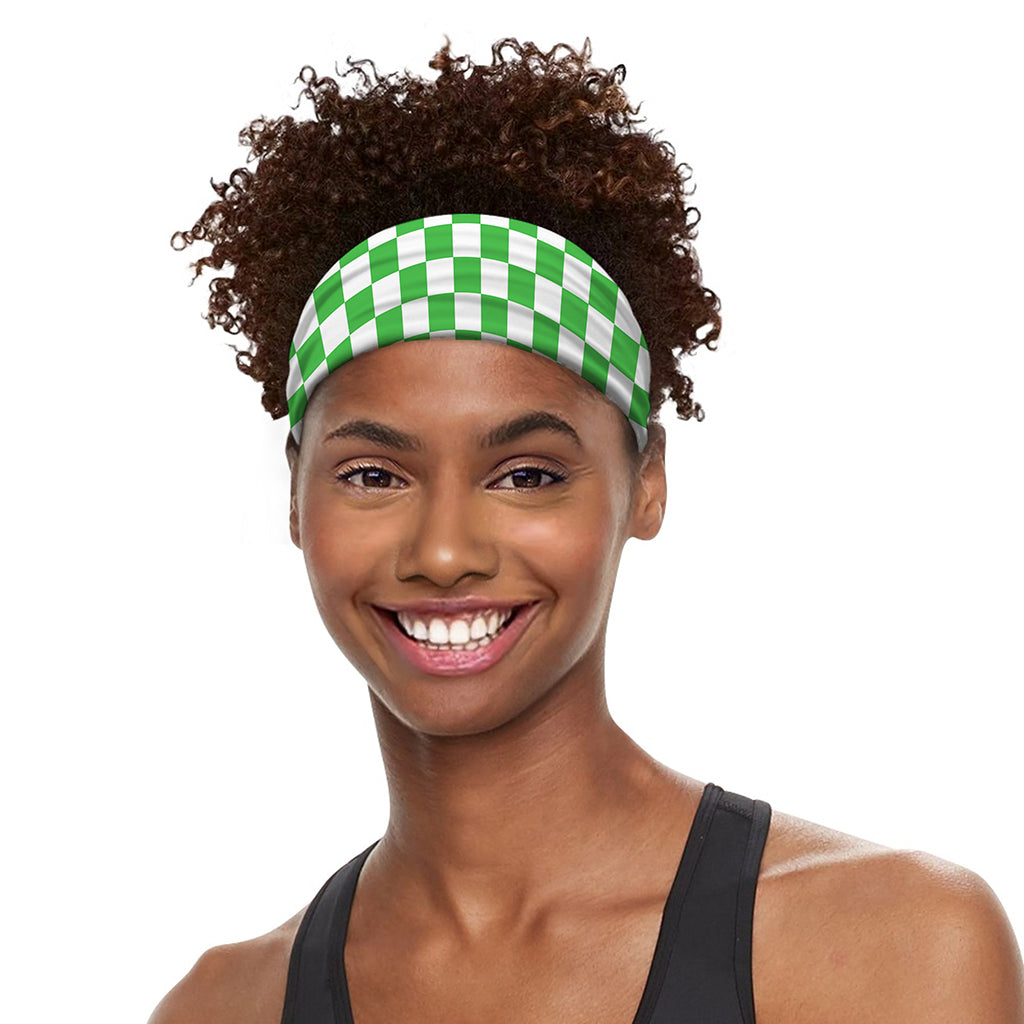 White And Green Checkered Print Sports Headband