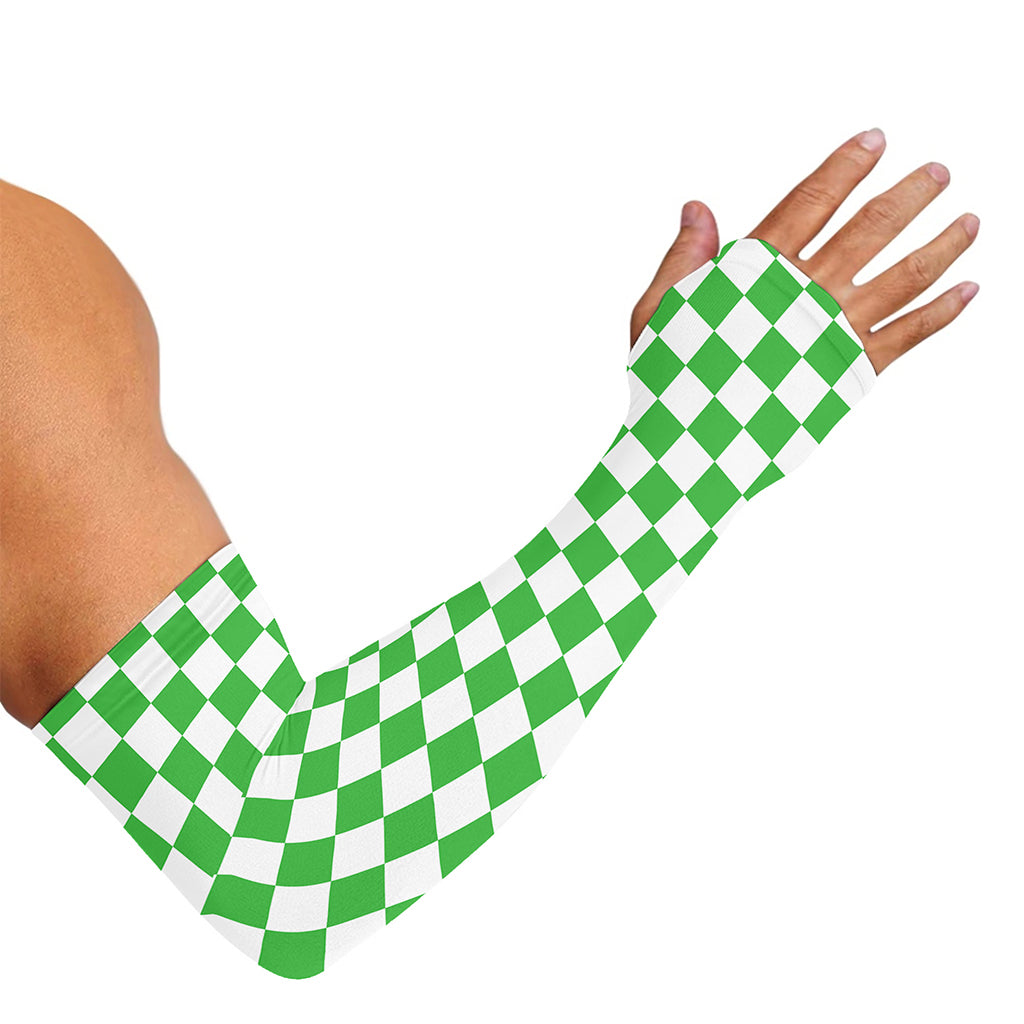 White And Green Checkered Print Sun Protection Arm Sleeves