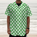 White And Green Checkered Print Textured Short Sleeve Shirt