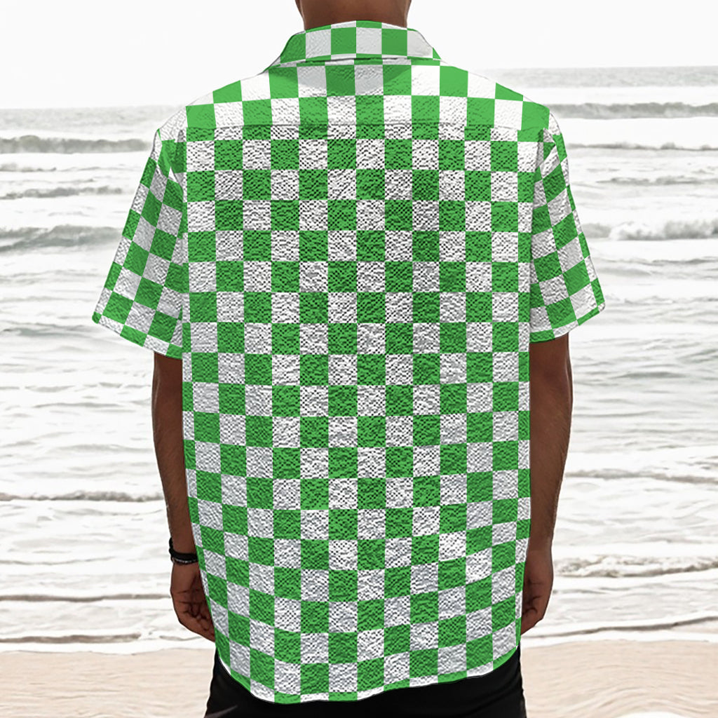 White And Green Checkered Print Textured Short Sleeve Shirt