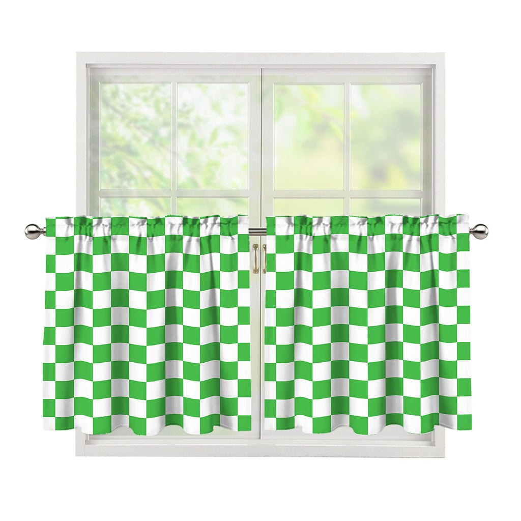 White And Green Checkered Print Tier Curtains