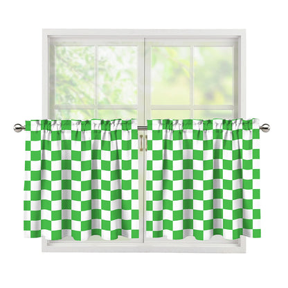 White And Green Checkered Print Tier Curtains