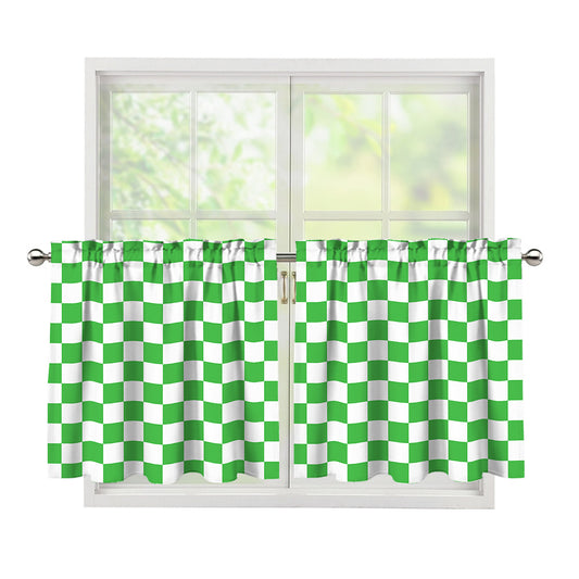 White And Green Checkered Print Tier Curtains