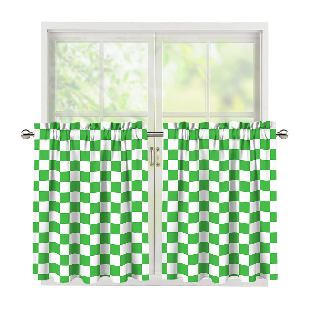 White And Green Checkered Print Tier Curtains