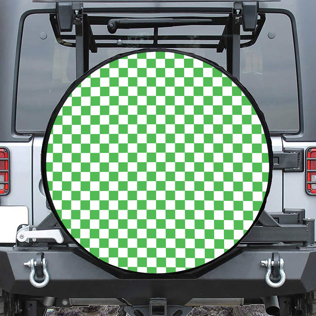 White And Green Checkered Print Tire Cover